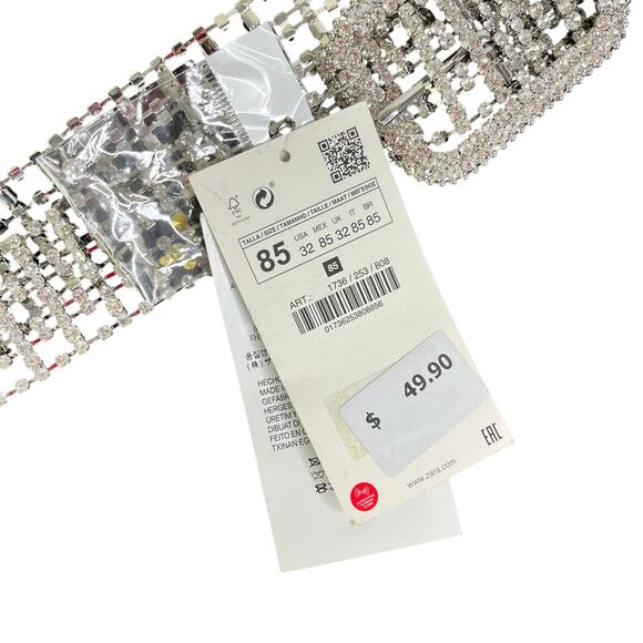 Zara Womens Sz 32 Silver Rhinestone Belt 1.5" Wide Glam Night Out NWT - Picture 6 of 8